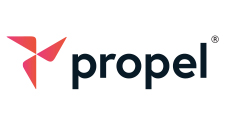 Propel logo - black text with a three finned fan in red to the left